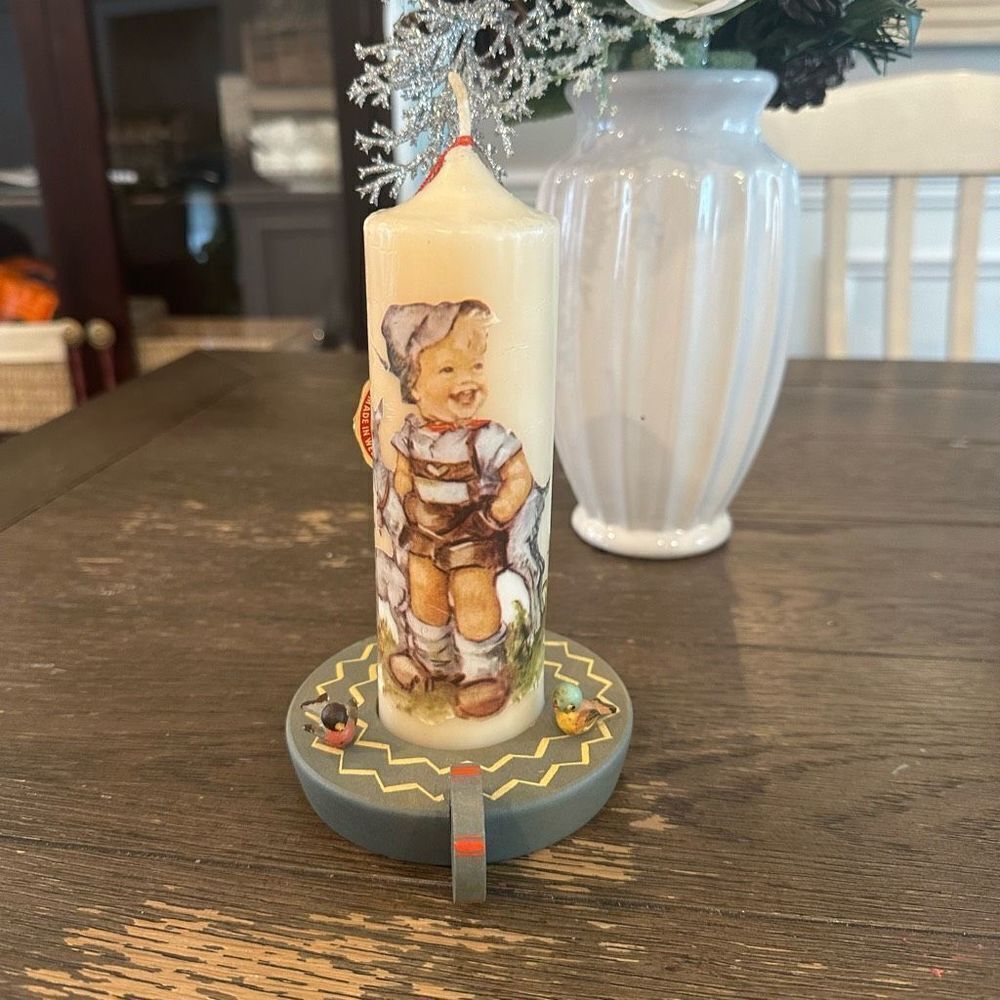 M.J Hummel Hand Dipped‎ Candle Boy & Goat with ANRI Italy Candle Holder Vintage